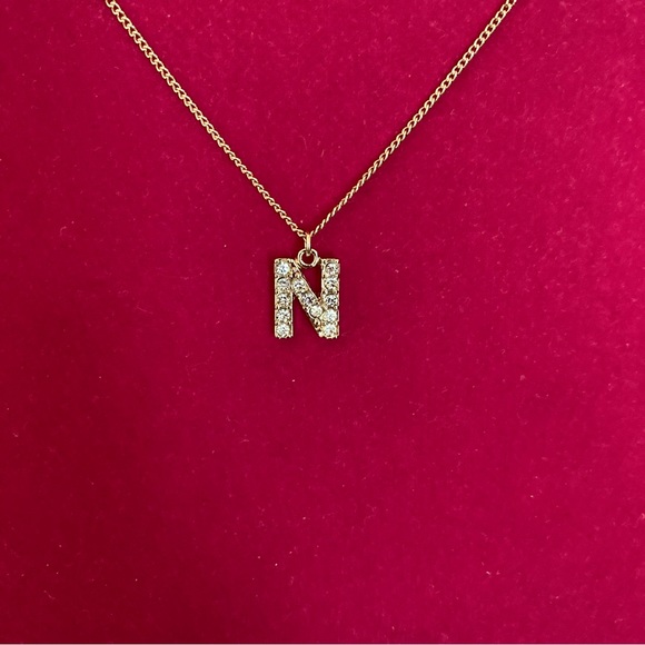 Necklace with Letter N Pendent with Clear Stones | Gold Tone - Picture 3 of 6